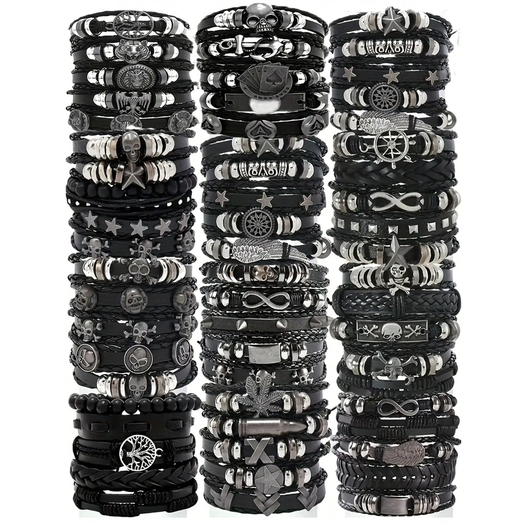 10/20/30 Pcs Punk Bracelets for Men, Gothic Style PU Synthetic Leather Mix Pack, Funky Unique Accessories and Quirky Gifts for Holiday Wear, Goth Gifts, Polyurethane, Pu Leather