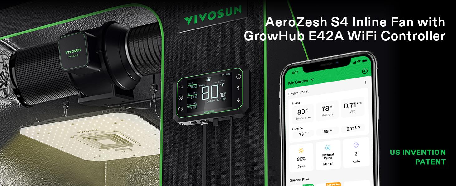 VIVOSUN AeroZesh S4 Inline Duct Fan, Quiet 4" 208 CFM Ventilation Exhaust Fan w/EC Motor and GrowHub E42A Temperature Humidity WiFi-Controller - for Heating Cooling Booster, Grow Tents, Hydroponics