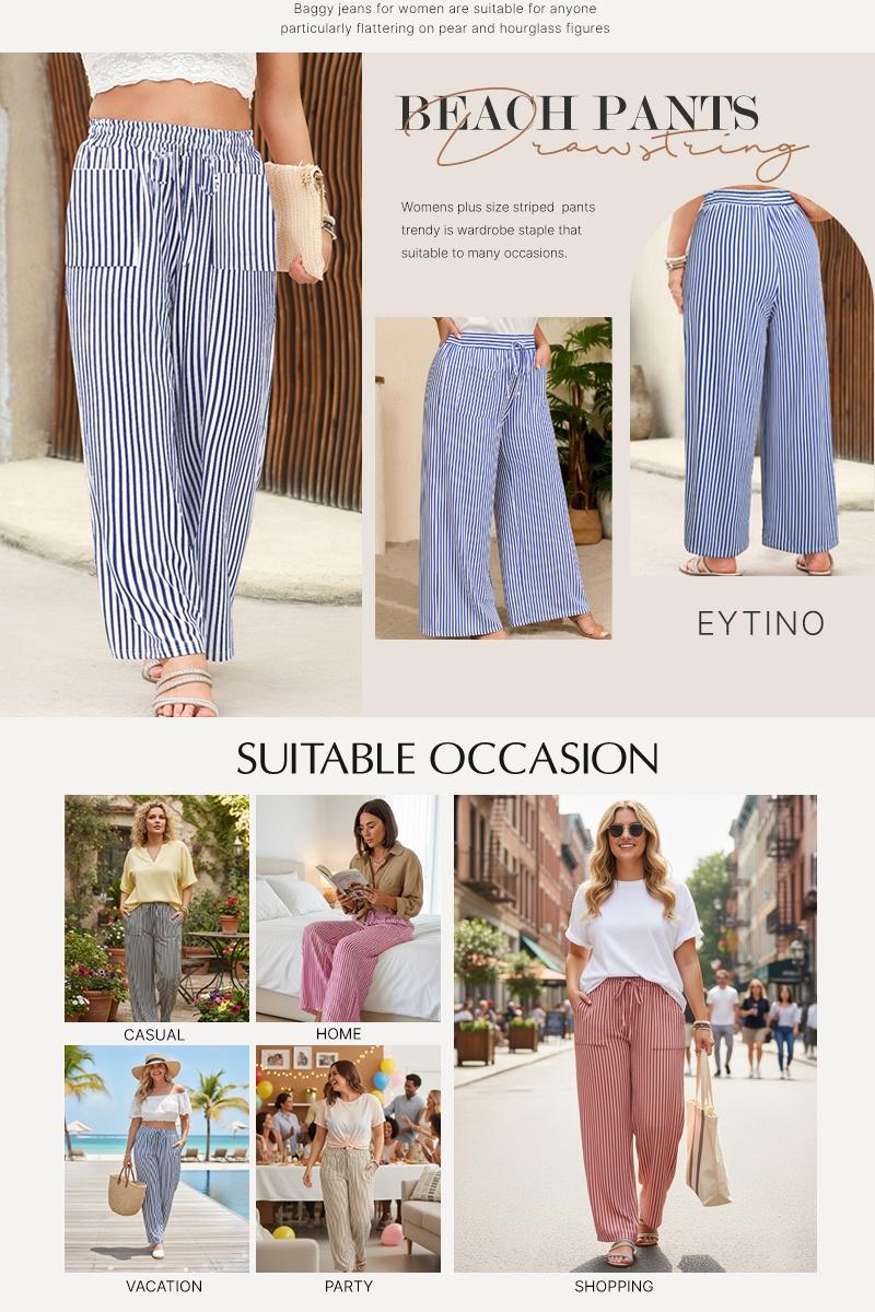 Eytino Womens Plus Size Wide Leg Pants Elastic High Waist Striped Casual Palazzo Pants Lounge Trouser with Pockets (1X-5X)