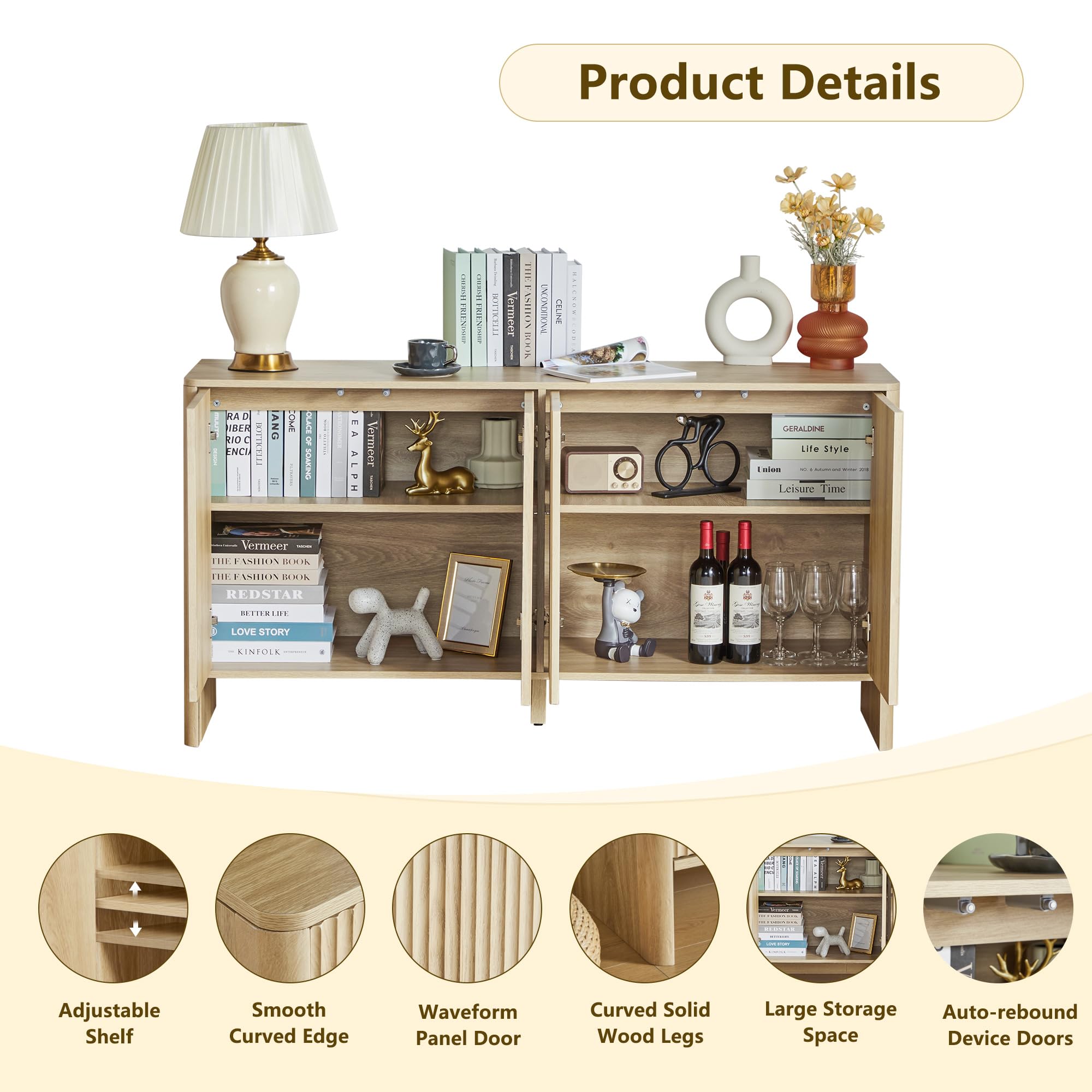 Giratree 57.87" Sideboard Buffets Cabinet, Modern Accent Storage Cabinet with 4 Fluted Doors and Adjustable Shelves, Wood Credenza Buffet Sideboards, Console Table for Kitchen Dining Living Room Entryway