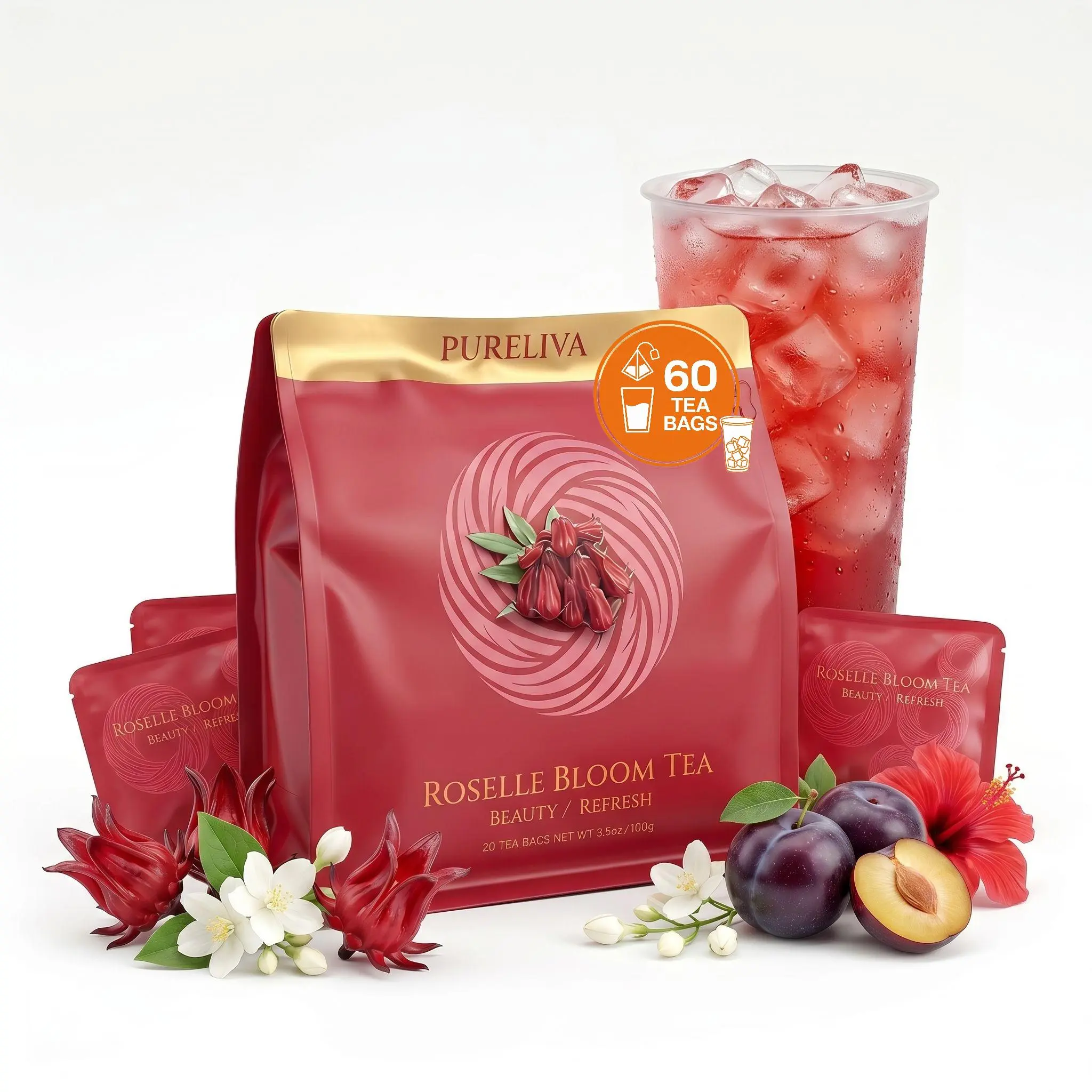 PURELIVA Caffeine-Free Natural Herbal Tea Bags, 20-Count Ready-to-Mix Blend with Roselle, Jasmine, Plum & More, Refreshing Floral Fruity Beverage for Relaxation, Sleep Support