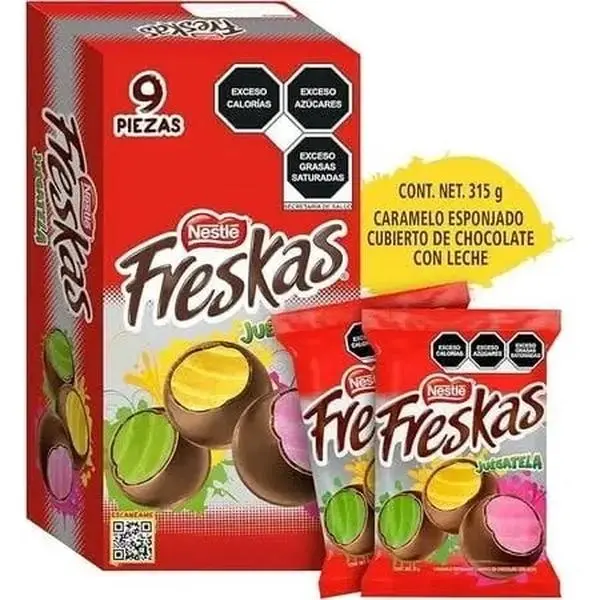 Freskas Juégatela. 9 piece box with 315 grams . Spongy Caramel covered in chocolate .