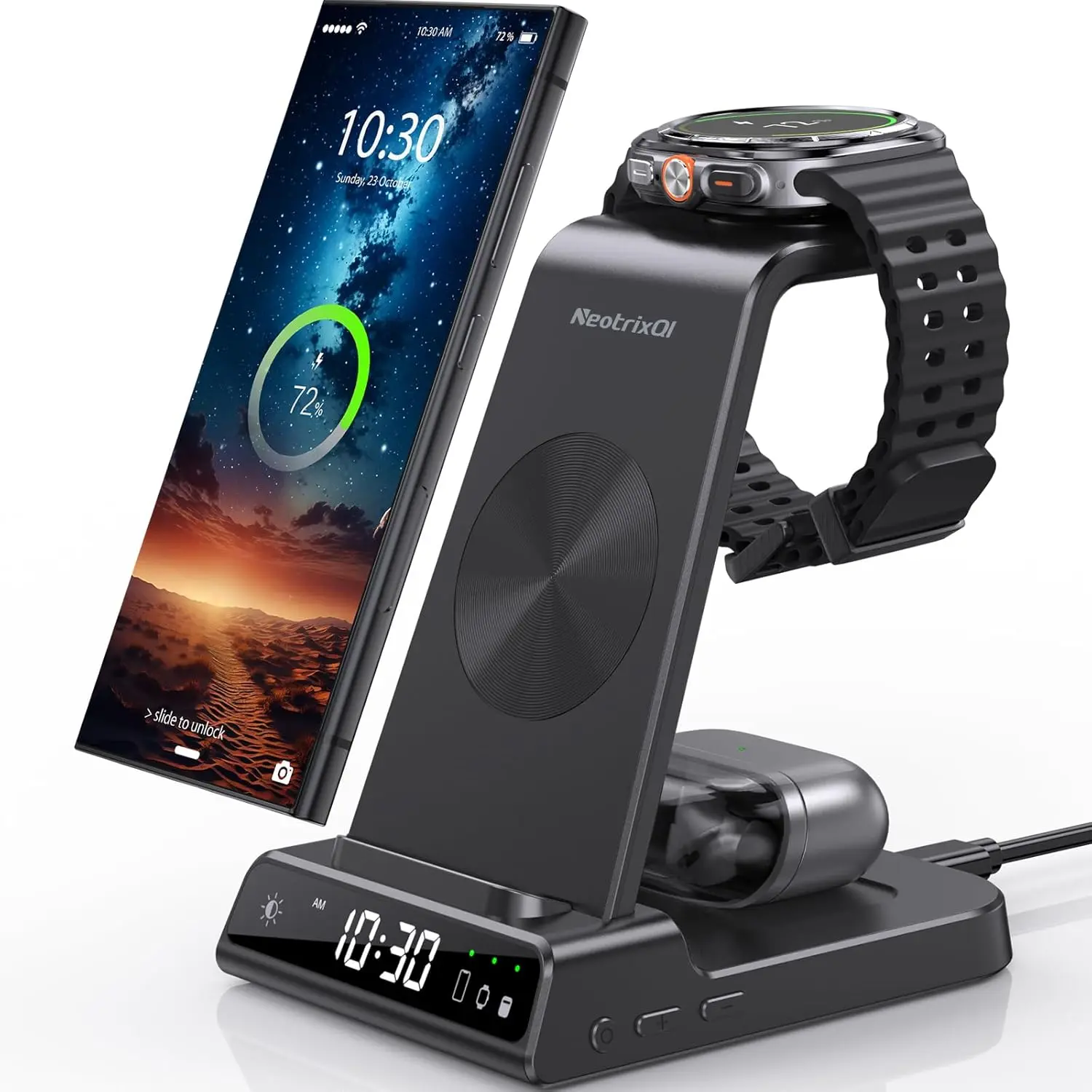 3-in-1 Portable Wireless Charger for Samsung & Apple; features an LED digital clock with 3-level brightness adjustment; compatible with iPhone 17/16/15/14–8 series, Samsung Galaxy series, Apple Watch, and AirPods. #IdealBackToSchoolGift-c01
