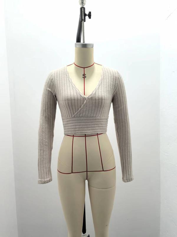 Short Deep V-neck Slim-fit Long Sleeve Knitted Sweater in Apricot & Black for Winter Pullover Style Thick Polyester Plain Design