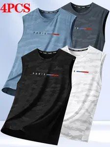 Men’s Sports Tank Top Set, 4 Pieces – Breathable Summer Stretch Fabric, Stylish Printed Sleeveless Casual Tank Tops for Sports, Outdoor Training, and Fitness, Great as Gifts