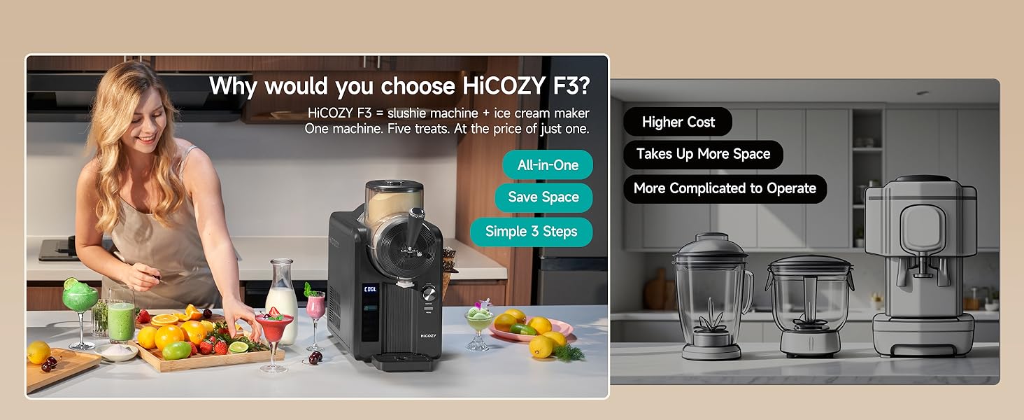 HiCOZY F3 Slushie Machine & Soft Serve Ice Cream Machine, No Ice Needed, Self-Cleaning, 5 Presets for Soft Serve, Frozen Drink, Milk Shake, Margaritas, Frappés and More