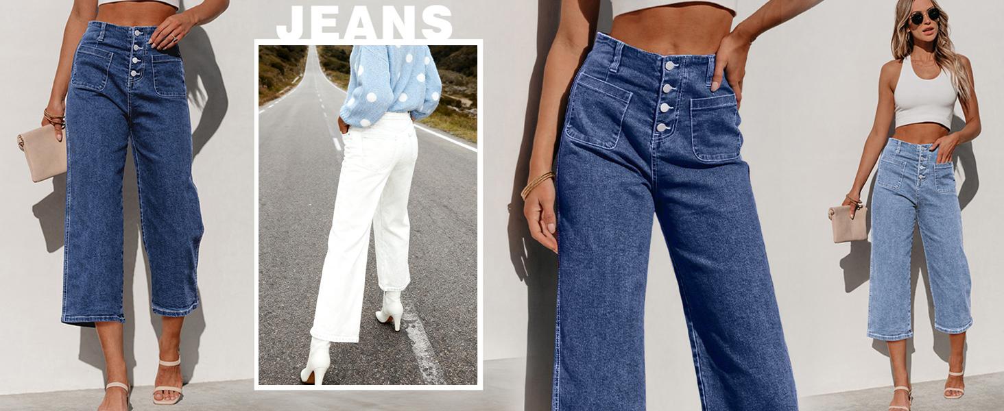 Mundoven Wide Leg Jeans for Women High Waisted Stretchy Straight Leg Cropped Denim Pants Buttoned Baggy with Patch Pockets Mundoven Wide Leg Jeans for Women High Waisted Stretchy Straight Leg Cropped Denim Pants Buttoned Baggy with Patch Pockets