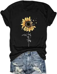 100%25 Cotton Sunflower Shirts for Women Faith Graphic Tees Short Sleeve Loose Fit Butterfly Teen Girls T Shirt Summer Tops