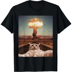 Hilarious Cat Meme Featuring a Funny Selfie with a Nuclear Explosion and Temporary Casual Cotton Streetwear TShirt
