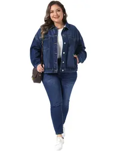 Agnes Orinda Plus Size Denim Jacket for Women Collar Long Sleeve Button Washed Vintage Western Outfit Jean Jackets