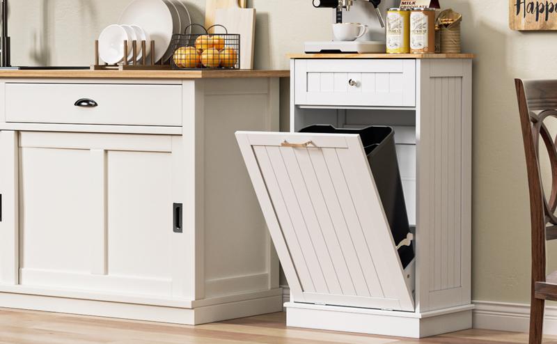 【Does Not Include Trash Can】 Spurgehom 13 Gallon Tilt-Out Hidden Trash Can Cabinet, Freestanding Garbage & Recycling Bin Holder with Pull-Out Drawer, Pet-Proof Kitchen Storage for Home