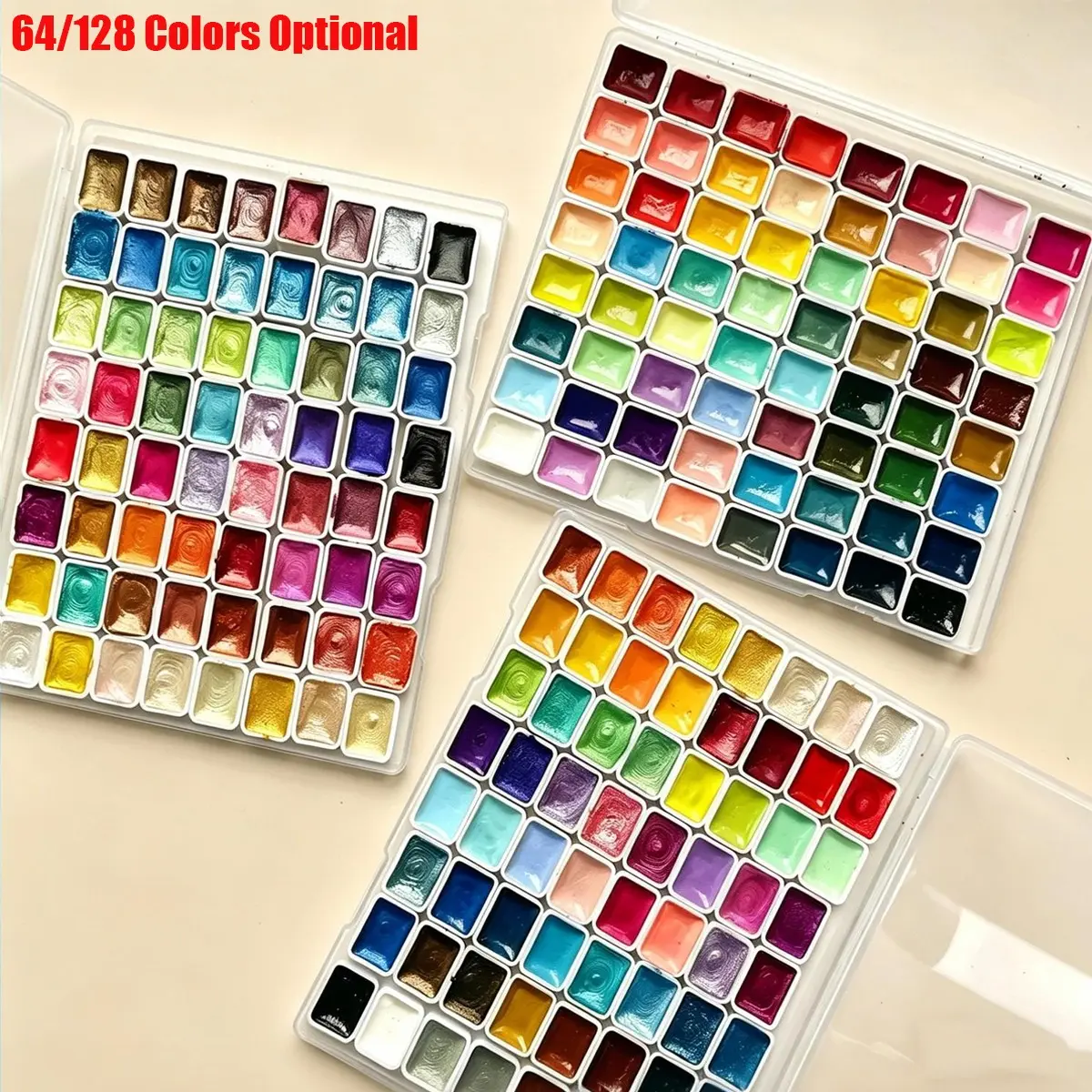 Shimmer Glitter & Plain Solid Watercolor Paint, 64 Colors Pearlescent Metallic Pigment, Portable Mini Kit for DIY Art Creation, Watercolor Paint Box, Art Supplies