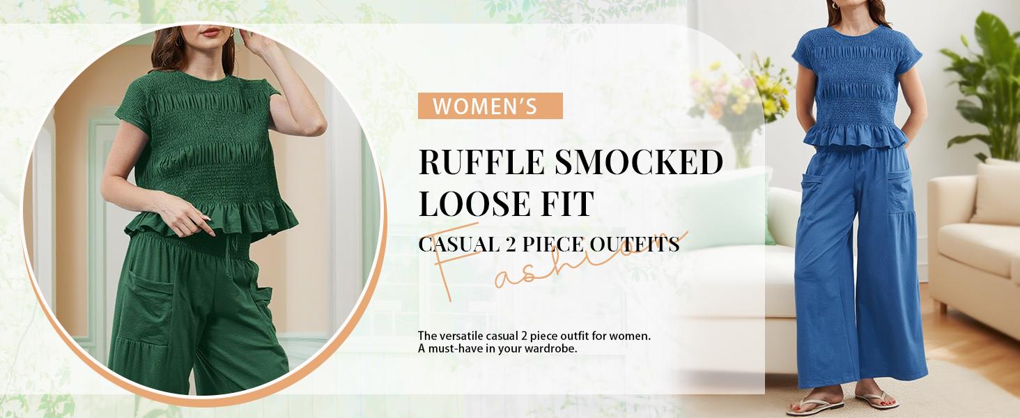 UANEO Women’s 2-Piece Smocked Top & Wide-Leg Pants Set–High-Waisted Lounge Outfit with Pockets Casual Boho Matching Set