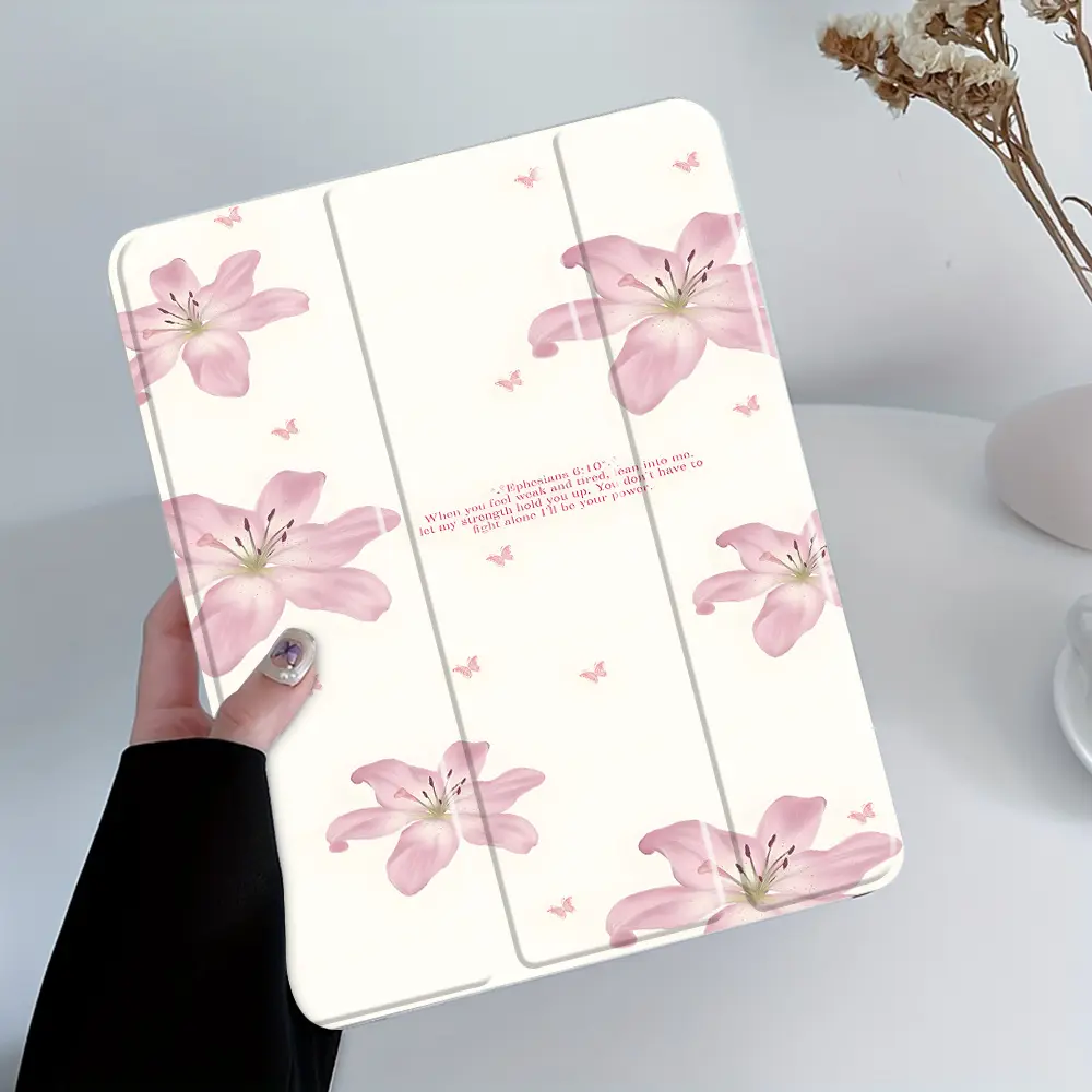 Ephesians 6:10 Lily pattern, with adjustable stand and pen slot, foldable anti slip TPU protective case, suitable for Samsung, iPad mini, iPad Air, iPad Pro/iPad 10th generation, 11th generation and other series of iPad protective cases