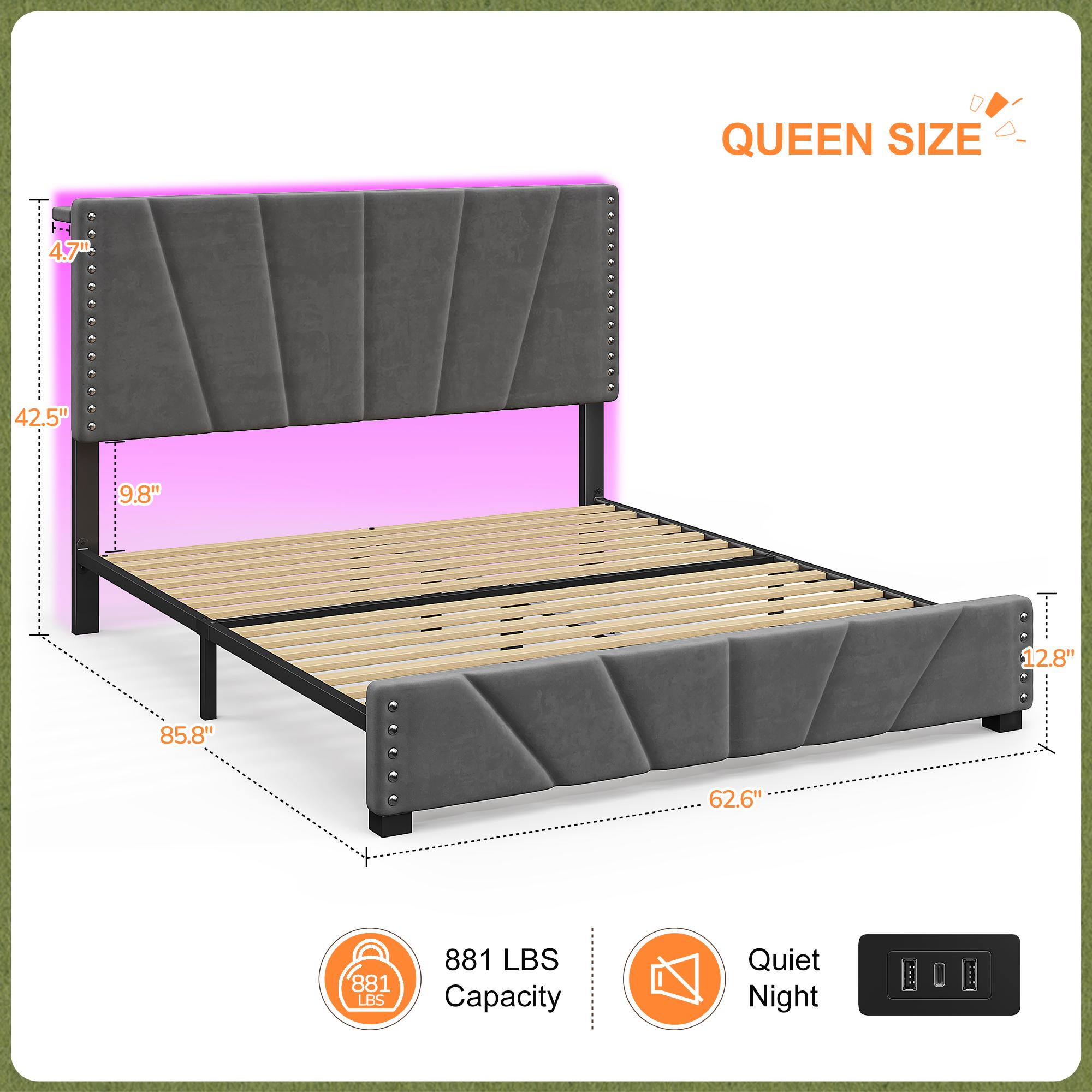 RaybeeFurniture Bed frame for Queen Bed Frame with Headboard&Storage,NO MATTRESS,  Luxury Upholstered Bed Frame with Storage, 2 Drawers & Shelf on Headboard, NO Noise, KING, FULL, Twin, Mother's Day Gifts
