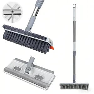 3 in 1 Scrape and Heavy-Duty Stiff Bristle Scrubber Brush for Cleaning Shower Bathroom, Patio, Pool, Garage, Kitchen, Wall and Deck Window Squeegee and floor brush with long handle set Floor Scrub Brush with Long Handle