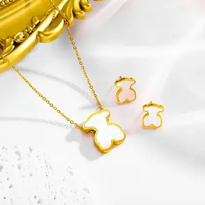 Elegant Jewelry Set Necklace & Earring Gold-Plated White Enamel Design for Women