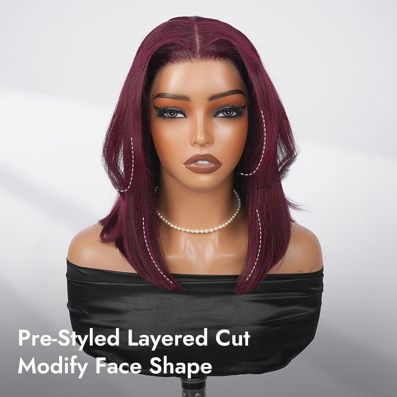 Wiggins Hair Glueless Layered Cut Yaki Straight Bob Wig 7*5 Lace Closure Wigs Human Hair Ready To Go And 99J Bob Wig Pre Plucked Beginner Friendly