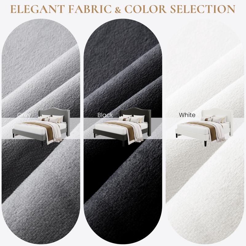 SHA CERLIN Modern Minimalist Bed Frame with Curved Wingback Headboard Heavy Duty Upholstered Platform Bed with Wood Slats Elegant Style No Box Spring Needed