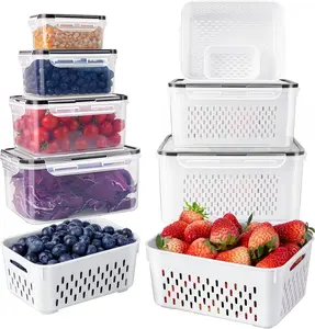 6-Pack Fruit Storage Containers for Fridge with Removable Colanders, 4 in 1 Produce Storage Containers with Lids, Leakproof Fridge Organizer Bins for Salad Berry Lettuce Vegetables Meat Keeper Fresh