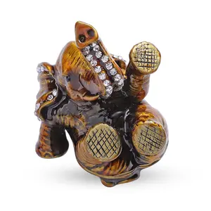 Livmore Black  Crystal, Enameled Elephant Trinket Box in Silvertone