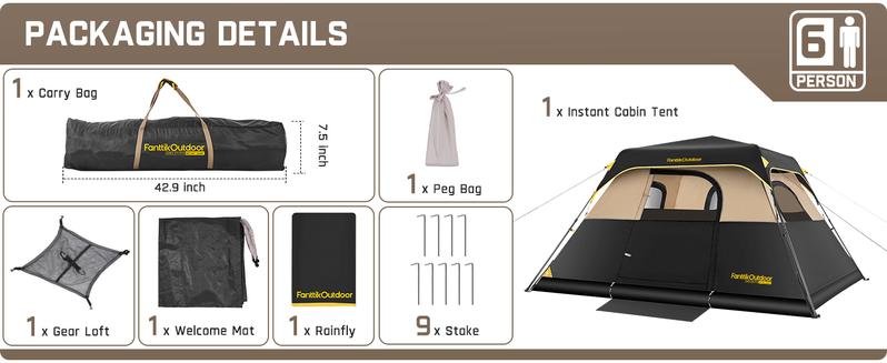 Fanttik Outdoor Zeta C4/C6 Pro Instant Cabin Tent 4/6 Person Portable Waterproof with Removable Canopy, Windproof, and High-Quality Materials Camping Equipment Spacious Interior