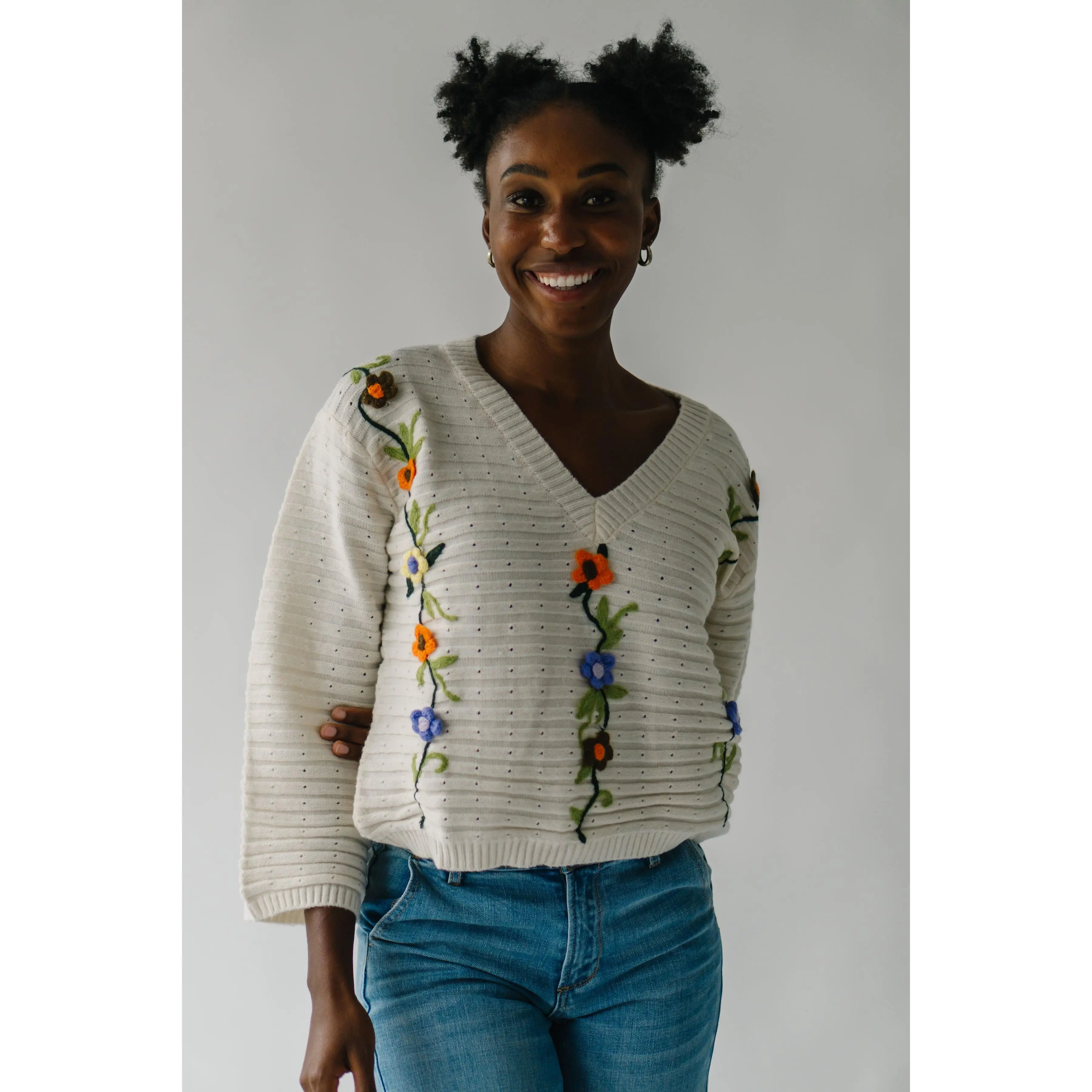 The Elvira Crochet Floral Detail Sweater in Ivory