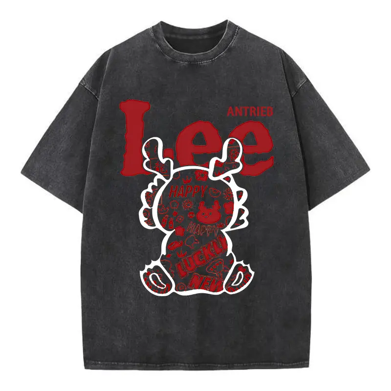 Lee Vintage Acid Wash Graphic Tee 100% Cotton Oversized Streetwear T-Shirt Y2K Grunge Aesthetic Casual Short Sleeve Crewneck Top for Men Women