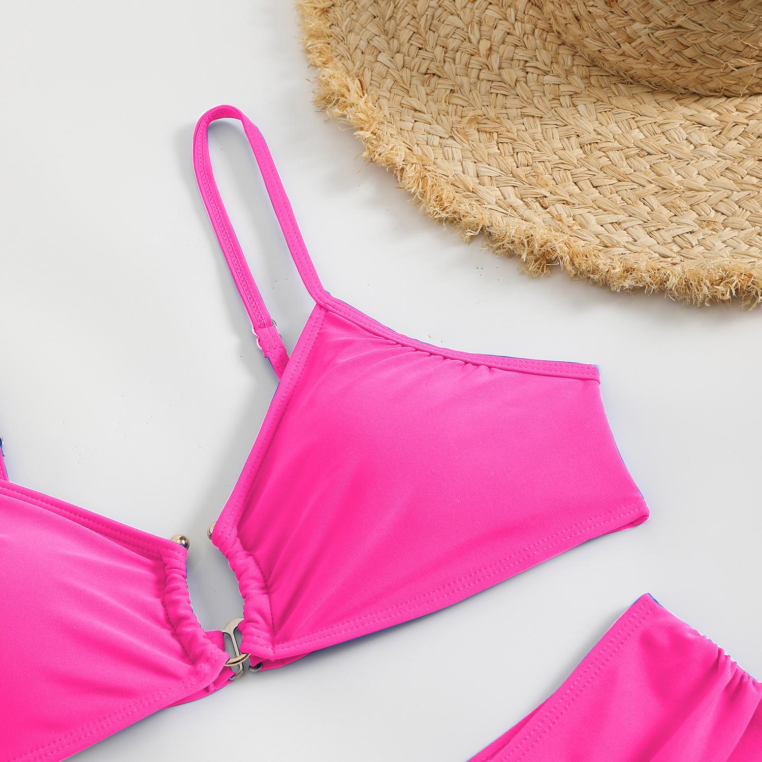 Hilor Women's Two-Piece Bikini Set with Plain Contrast Binding O-Ring Deco Ruch Swim Top & High-Cut Swim Bottoms for Summer Beach Outings