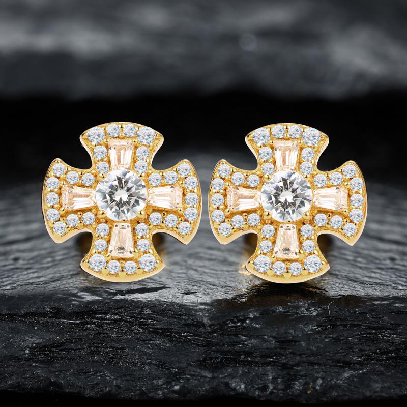 【#E567】Creative Cross Stud Earrings UCClYO Four-Leaf Clover Lab-Created Moissanite Earrings for Women 925 Sterling Silver Men's Stud Earrings Hip-Hop Jewelry Couple Gift Valentine's Day