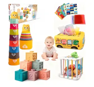 Montessori Toys 4 in 1 Soft Infant Stacking Block Ring Shape Teething Toy - Soft for Babies 6-12 Months - Ideal for 1-3 Year