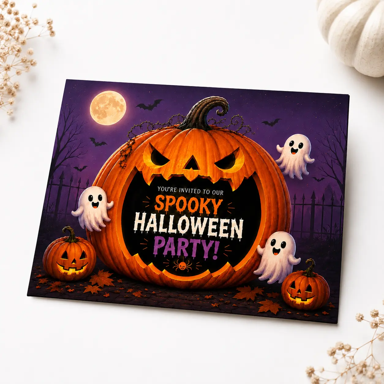 Halloween Spooky Folded Invite, 5x7 Inch Office Stationery Card with Crisp Detail, Vibrant Jack-O'-Lantern-Ghost-Moon Print, and Kraft Envelope