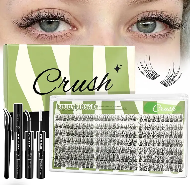 Crush Natural Wispy Lash Clusters – Soft C Curl Lash Clusters 10-14mm 210Pcs | DIY Eyelash Extension Kit with Bond & Seal Tweezers for Clean Soft Glam Look EPUDY FIHSALA