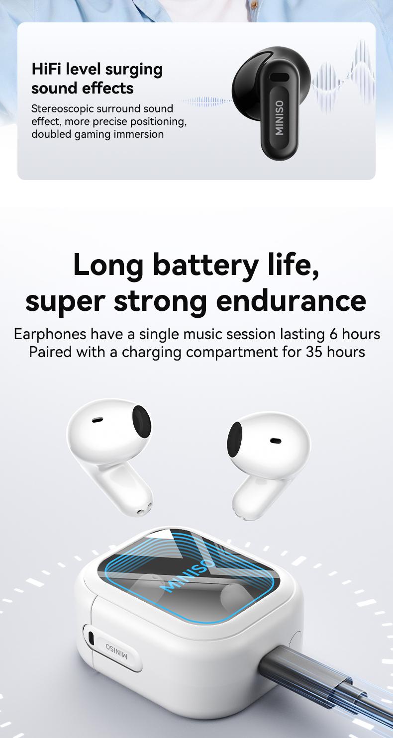 MINISO MS109 Bluetooth 6.0 Earphones High Fidelity, In Ear Earbuds,Waterproof Wireless Earphones | Suitable for Office, Sports, Study and Audio Calls | Built-in Microphone | Gaming Bluetooth Earphones