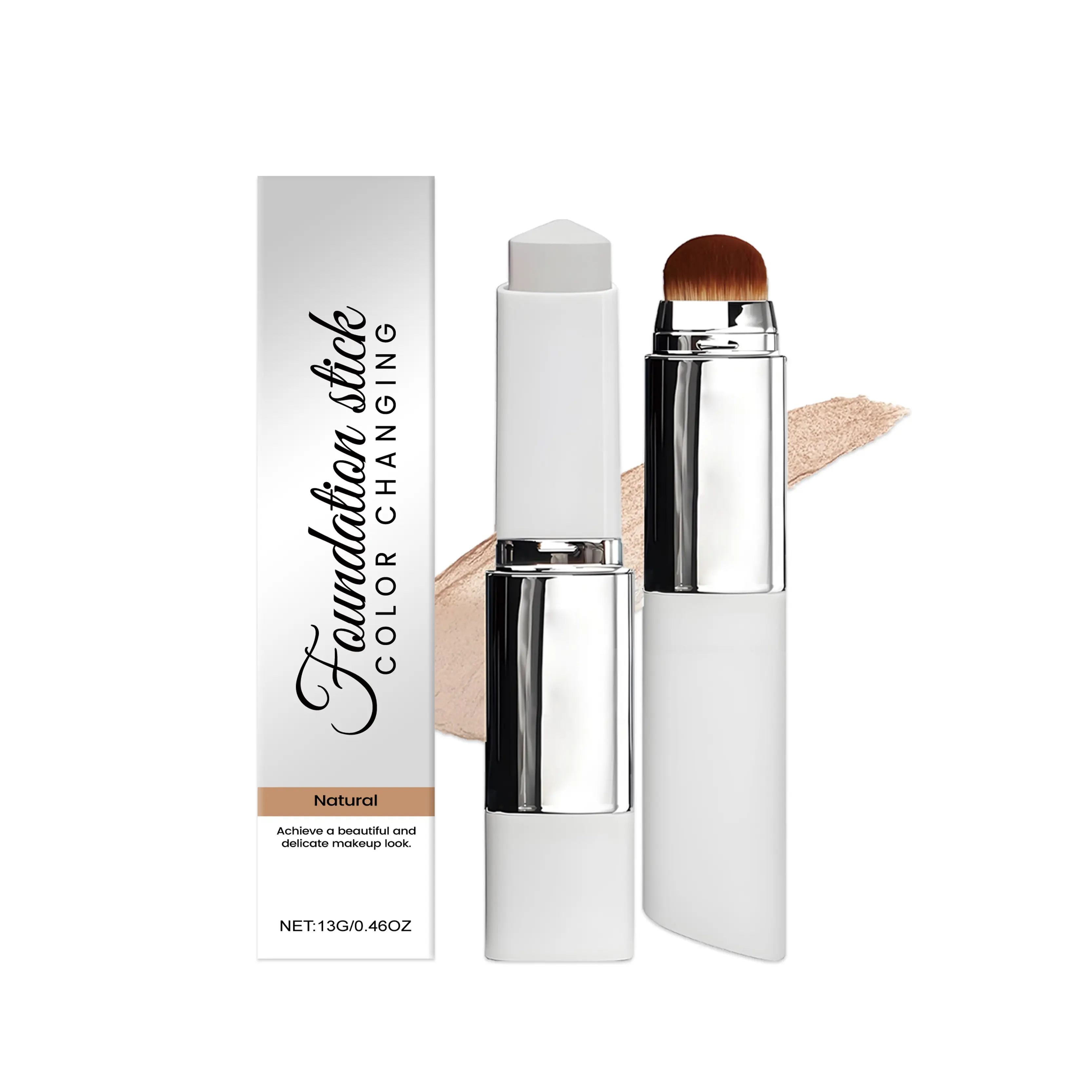 2-in-1 Color Changing Foundation Stick,Dual Ended Foundation Stick with Built-in Brush, Lightweight Hydrating Makeup, Natural No-Makeup Finish, Evens Skin Tone Concealer Blend Cream Evening