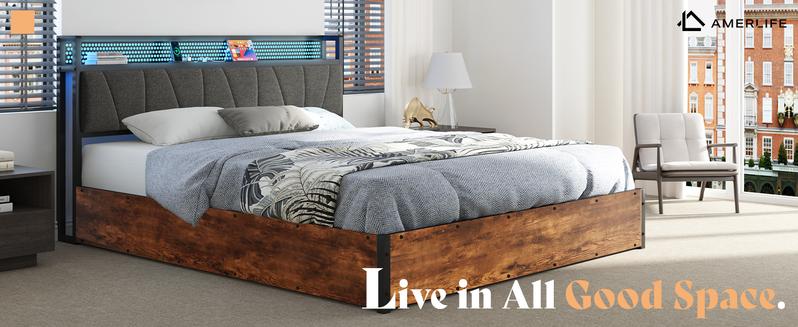 AMERLIFE King Size Lift Up Storage Bed Frame with LED Lights, Linen Upholstered Headboard with Charging Station, Wooden LED Light Platform Bed Frame,Best Gift Ideas/Christmas Gifts