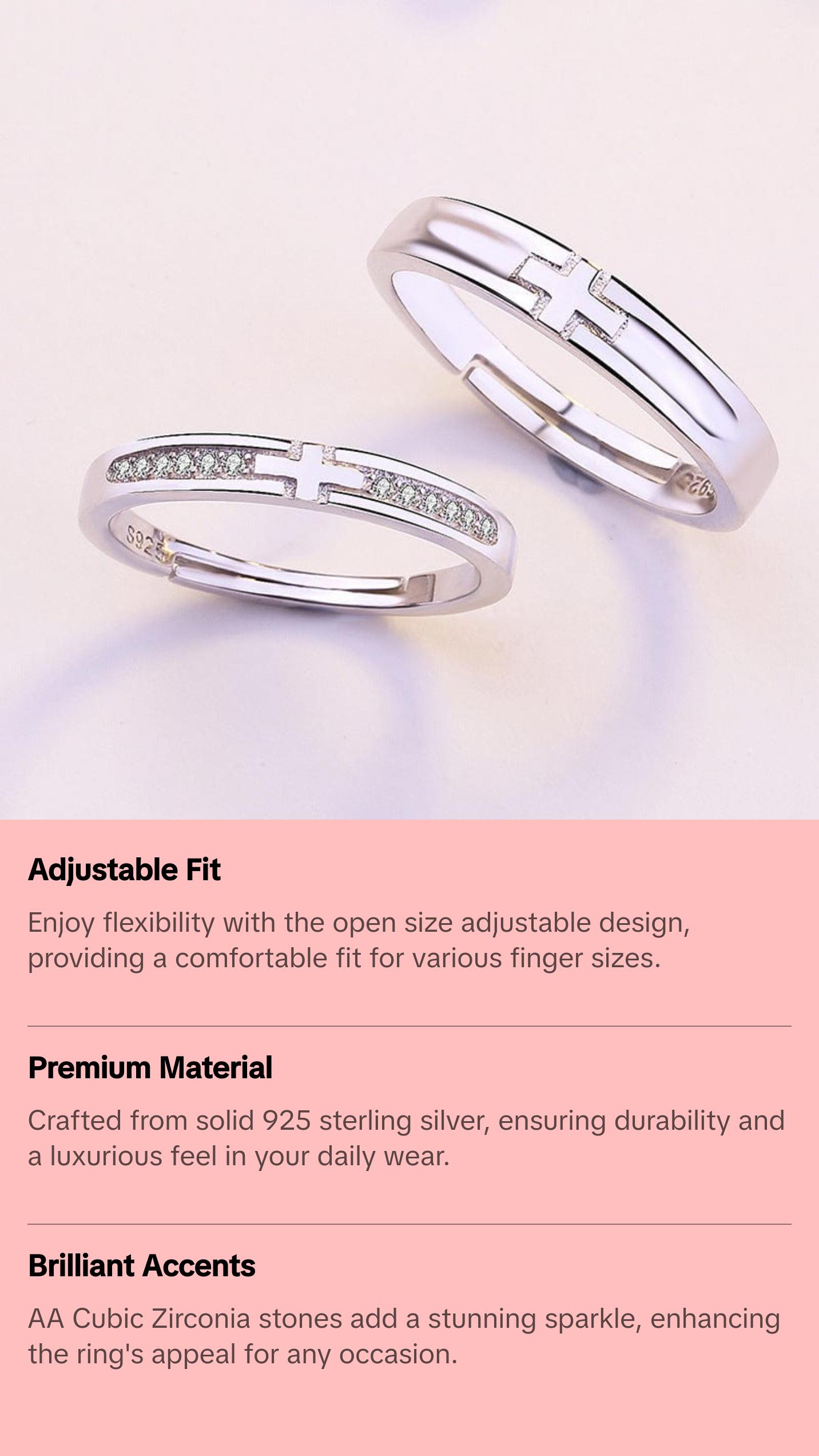 Simple CZ Cross 925 Sterling Silver Adjustable Promise Ring