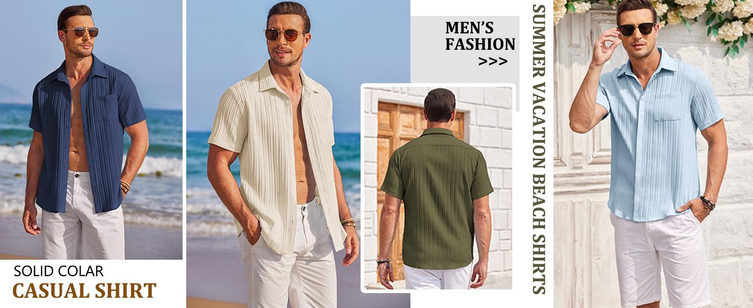 Coofandy Men's Casual Button Down Shirt - Navy Blue Textured Short Sleeve Fitted Collared Neck Summer Beach Top for Men - Canvas