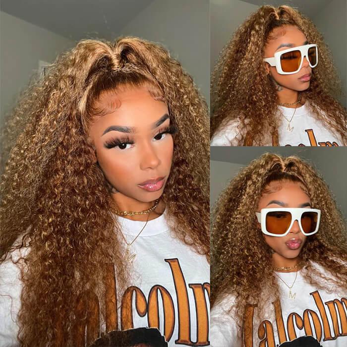 Pizazz Hair Highlight Ombre Curly Lace Front Wigs Human Hair Pre Plucked 13x5 /13x6 HD Transparent Honey Blonde Curly Human Hair Lace Frontal Wigs For Women