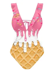 RETRO STAGE Women's 1970s Ice-Cream Print Ruffle Twist 1-Piece Swimsuit - Pink, Tie-Back, Medium Stretch, Wireless Bra, Ideal for Beach Use, Ruffle Twist Swimsuit, Swimming Women's One-Pieces