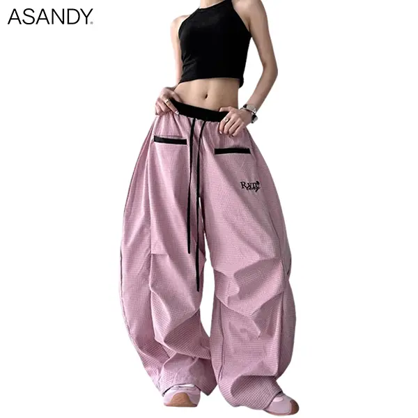 ASANDY Y2K Pink Plaid Oversized Baggy Pants Women High Street Aesthetic Wide Leg Trousers Fashion Casual Dance Streetwear