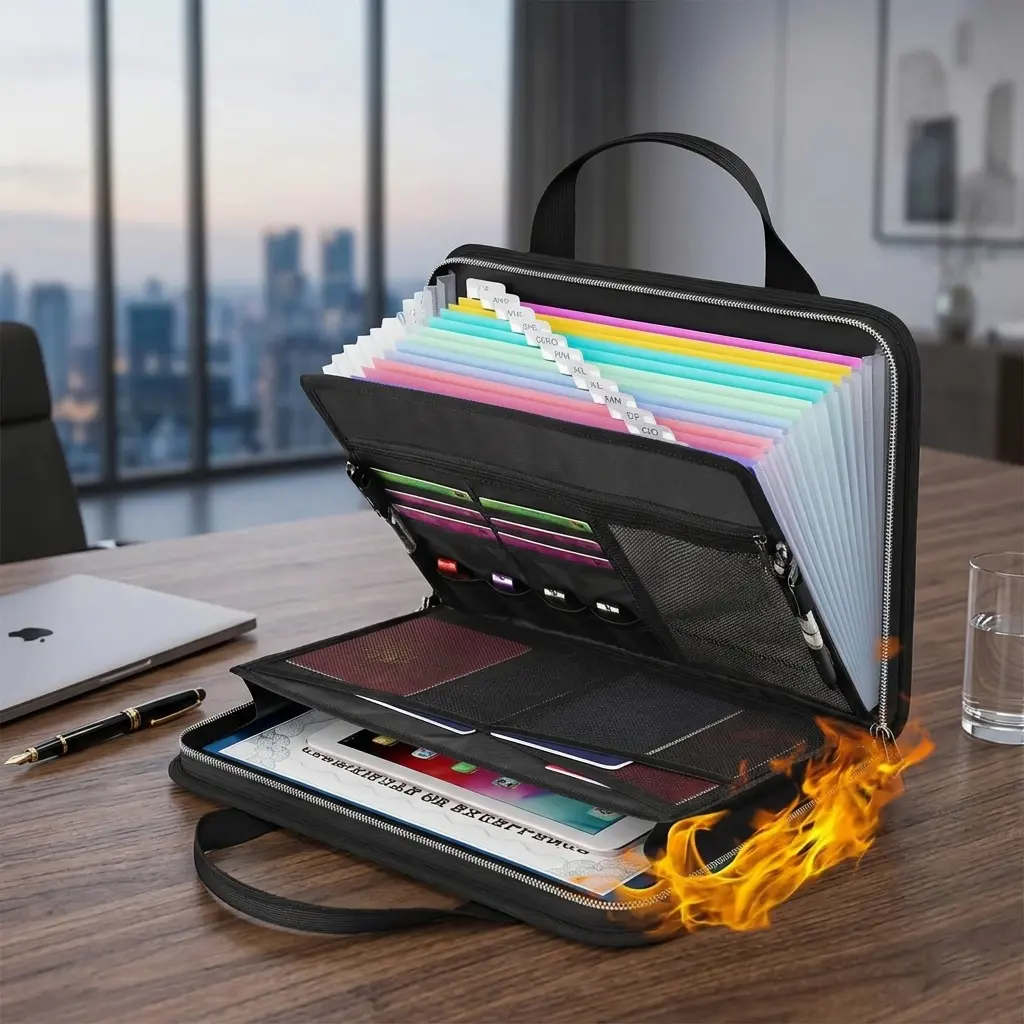 Large-Capacity Fireproof File Folder with Handle, A4Document Bag & Data Paper Organizer, Versatile Test PaperStorage for Office Stationery & Supplies