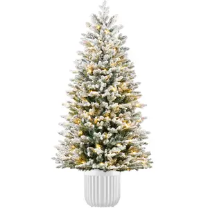 Pre-Lit Potted Flocked Christmas Tree, Realistic Artificial Décor, w/ Twinkling White & Multi LEDs