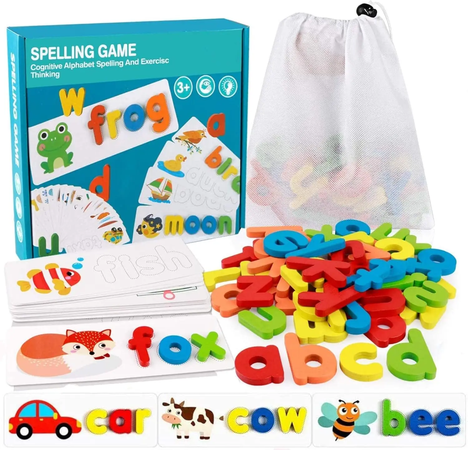 Wooden See and Spell Learning Toys - CVC Word Builders with Sight Words Flash Cards, Beginner Puzzle for 2-4 Year Old, 4-6 Years Toddlers, Toddler Learning Activities, Birthday Gifts for Boys Girls