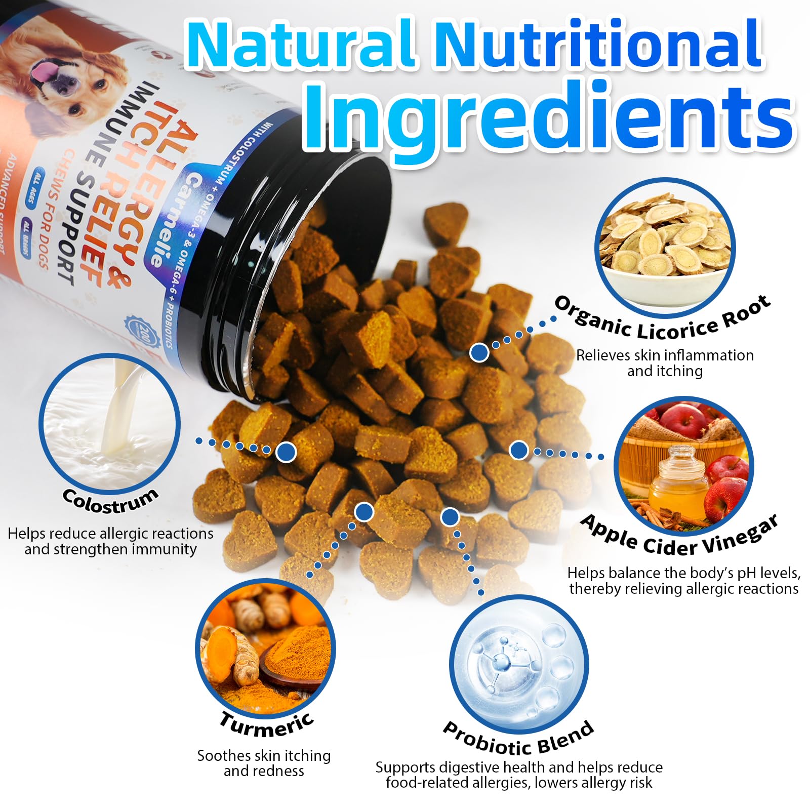 Carmelie Allergy & Immune Chews for Dogs – Itch Relief, Skin & Coat & Seasonal Allergy Support – Dog Vitamins with Colostrum, Prebiotics, Probiotics, Apple Cider Vinegar & Vitamin C – Chicken Flavor, 200 Soft Chews