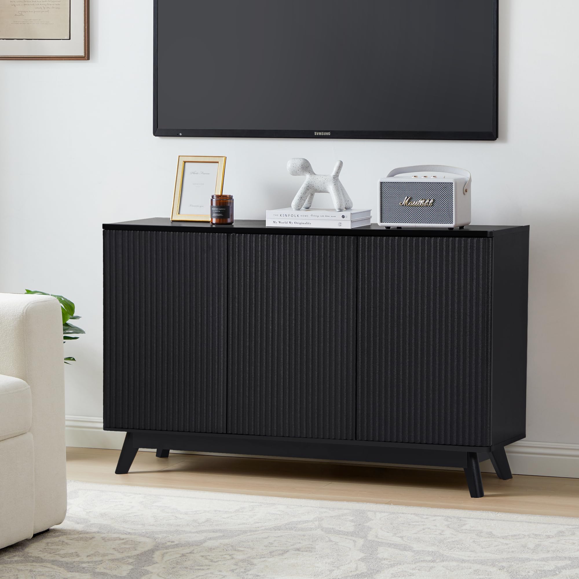 Giratree 2 3 Doors Sideboard Cabinet, Mid Century Farmhouse Fluted Credenza Sideboard Long Buffet Cabinet with Storage for Kitchen, Dining Room Coffee Cabinet, Office, Living Room TV, Entryway Cabinet