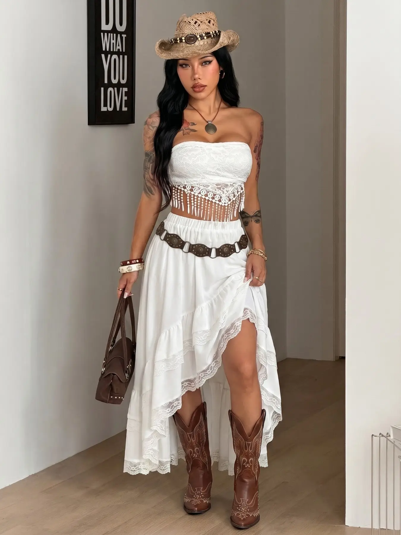 Versatile Asymmetrical Lace Skirt, Summer Skirt - Sexy Outfit, Wrinkle Resistant for Beach & Hangout Women's Boho Style Bohemian Lace Patchwork Asymmetrical Hem Skirt, Western Cowgirl Festival Vacation Dress, Slim Fit Short Skirt
