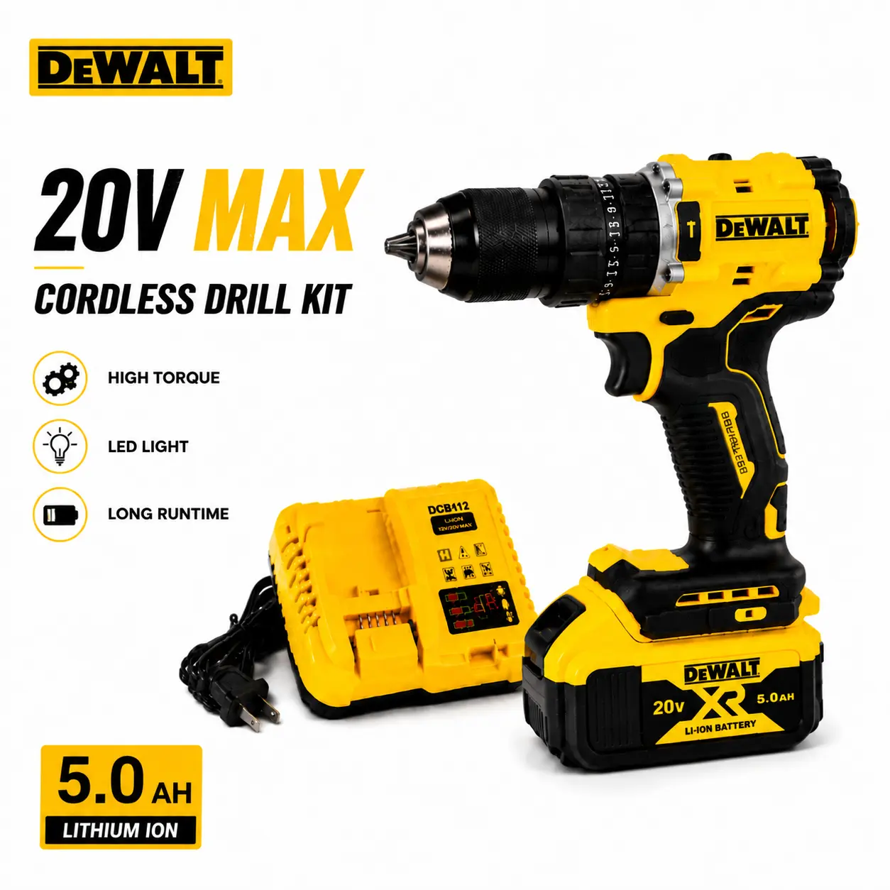 ()DEWALT Cordless Drill Set, Powerful Drilling & Screwdriving, Durable Metal Gear & High-Strength Housing, Compact Ergonomic Design, Rechargeable Power Tool Kit, DIY Home Repair, Woodworking, Garage & Workshop