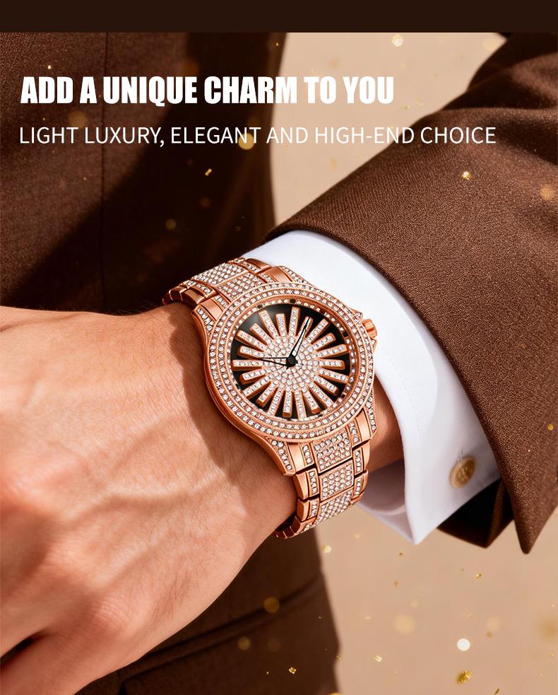 Men's Diamond - Encrusted Gold Watch, Business Quartz Chronograph with RotatingDiamond Dial, Sparkling Effect, WaterResistant, Party Daily Wear Birthday Gift (With Box)