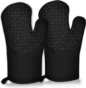 2 Pcs Oven Mitts Heat Resistant for Kitchen, Kitchen Oven Gloves, Long Oven Mitts and Pot holder with Non-Slip Silicone Stripe and Soft Cotton Lining, Silicone Oven Mitts for Cooking Baking BBQ Gloves